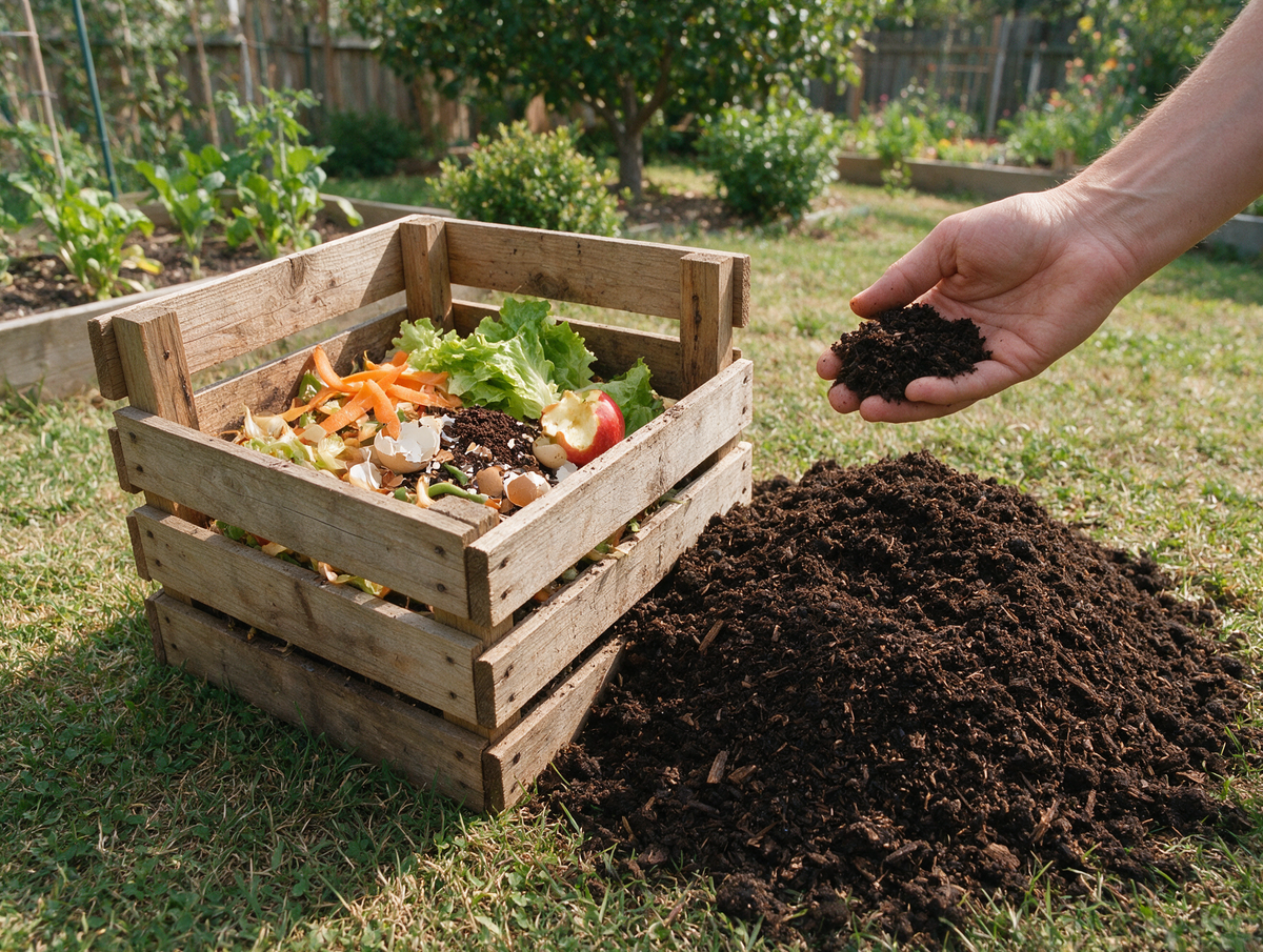 Composteira doméstica com restos de legumes e composto pronto nas mãos