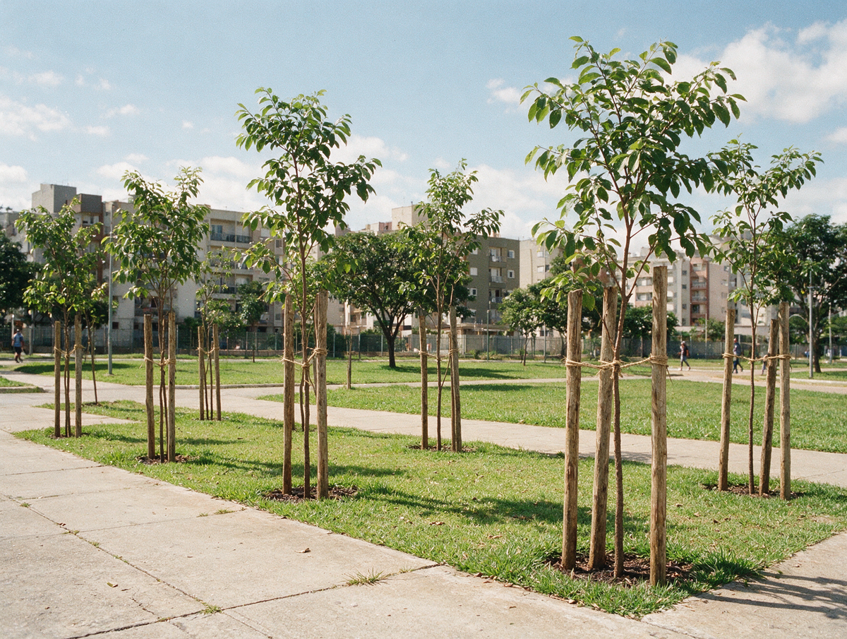 Árvores jovens plantadas na calçada e em um pequeno parque urbano