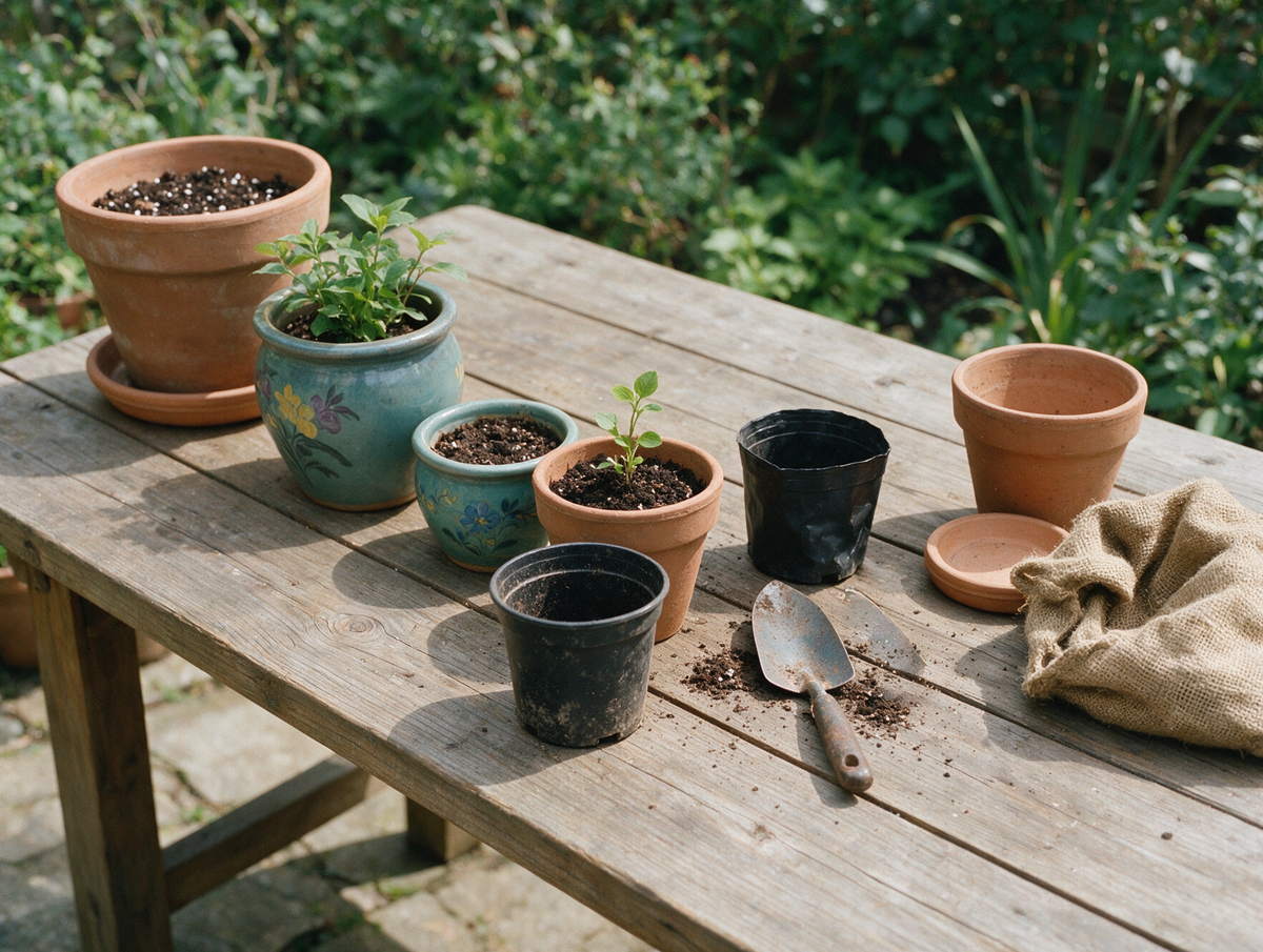 Vasos de barro, cerâmica e plástico em uma mesa de jardim com uma muda sendo replantada