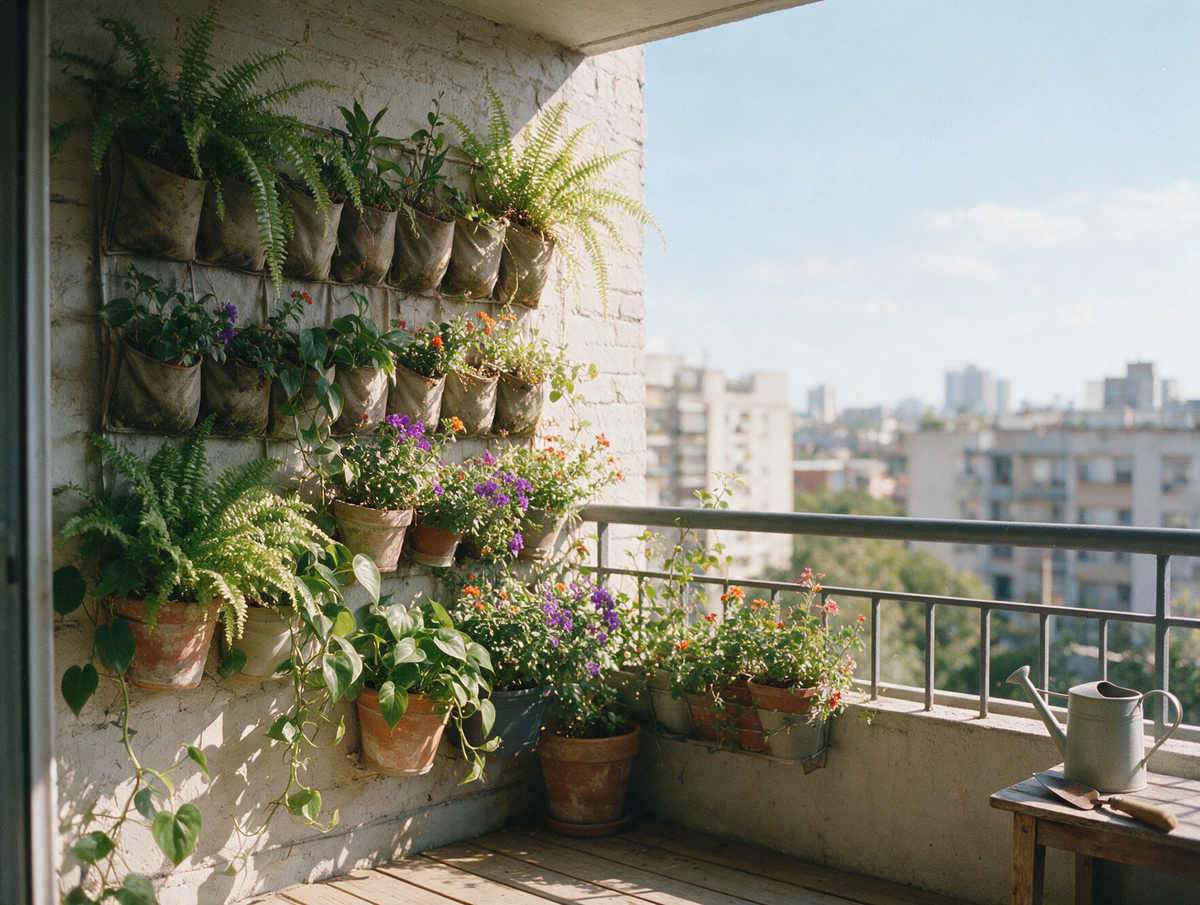 Jardim vertical em uma varanda de apartamento com vasos de parede e plantas
